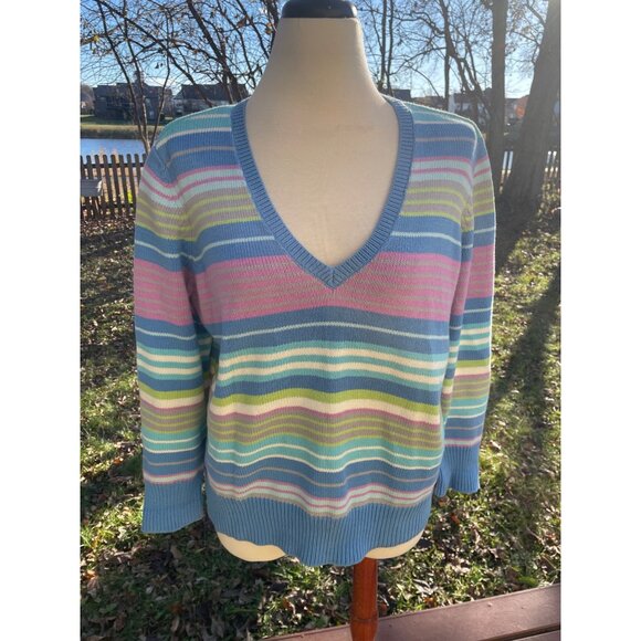 Vintage Pastel Rainbow V Neck Striped Cotton Blend Sweater Size 1X Hong Kong - Picture 1 of 9